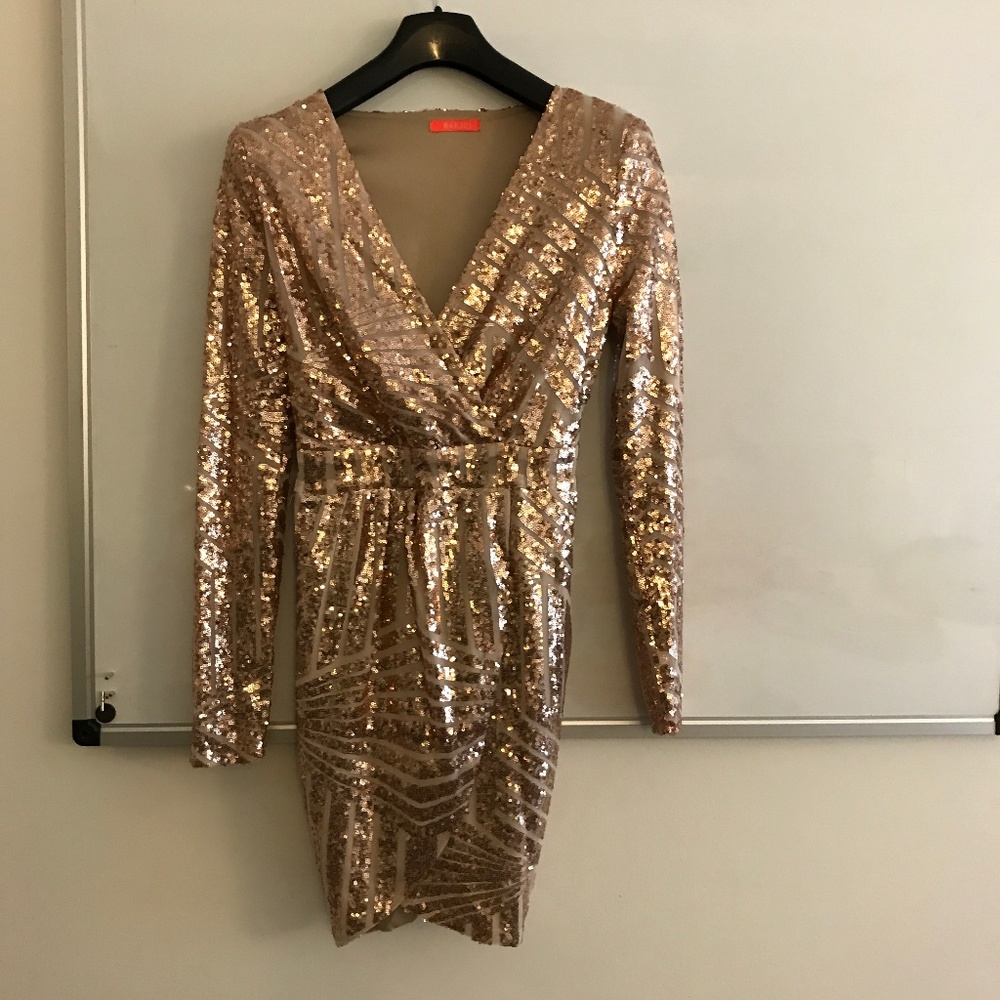 BANJUL rose gold sequin long sleeve pattern mini dress